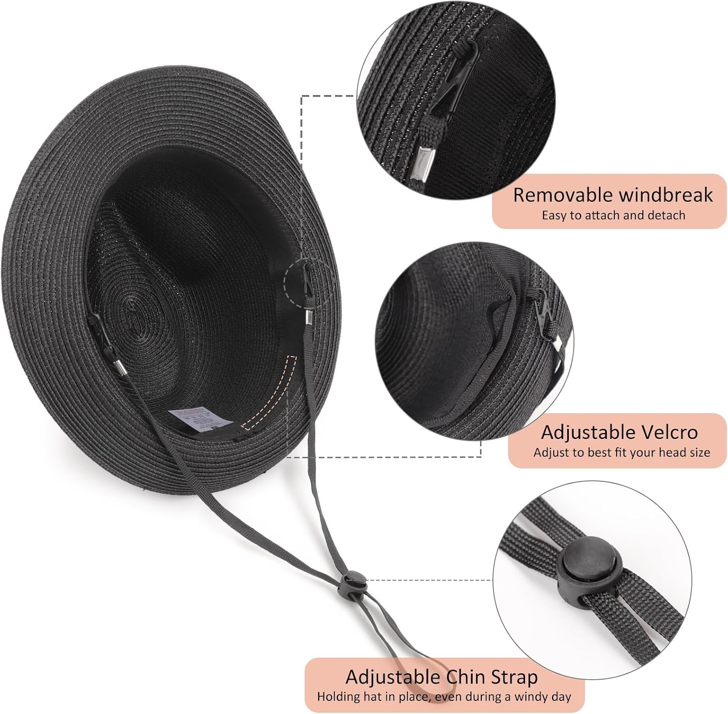 image:imageDRESHOW Women Straw Sun Hat Short Brim Panama Travel Fedora Summer Hat Roll Up Beach Cap for Women UPF 501 Pc Straw Hat Black Black Ribbon