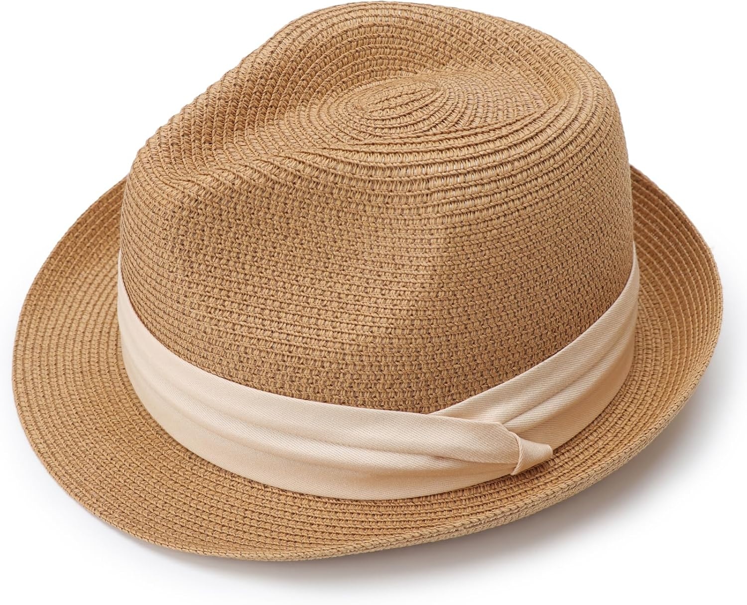 image:imageDRESHOW Women Straw Sun Hat Short Brim Panama Travel Fedora Summer Hat Roll Up Beach Cap for Women UPF 501 Pc Straw Hat Khaki Beige Ribbon