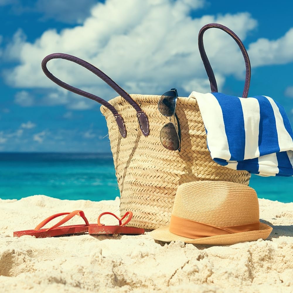 image:imageDRESHOW Women Straw Sun Hat Short Brim Panama Travel Fedora Summer Hat Roll Up Beach Cap for Women UPF 501 Pc Straw Hat Khaki Brown Ribbon