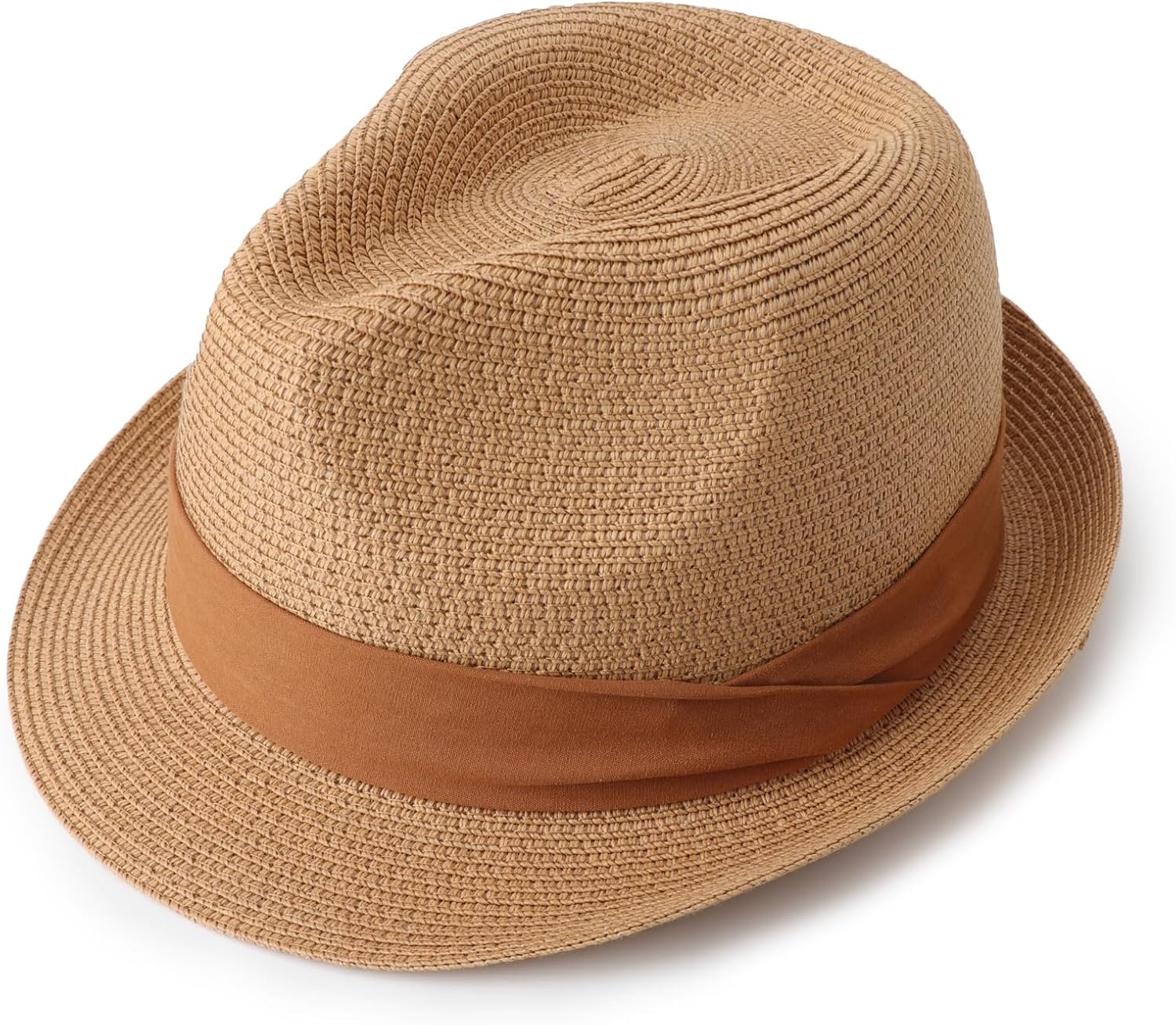 image:imageDRESHOW Women Straw Sun Hat Short Brim Panama Travel Fedora Summer Hat Roll Up Beach Cap for Women UPF 501 Pc Straw Hat Khaki Brown Ribbon