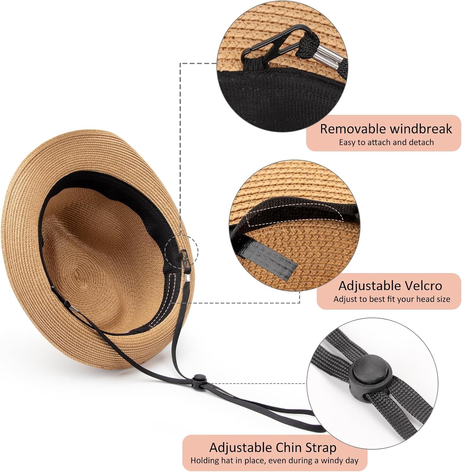 image:imageDRESHOW Women Straw Sun Hat Short Brim Panama Travel Fedora Summer Hat Roll Up Beach Cap for Women UPF 501 Pc Straw Hat Khaki Brown Ribbon