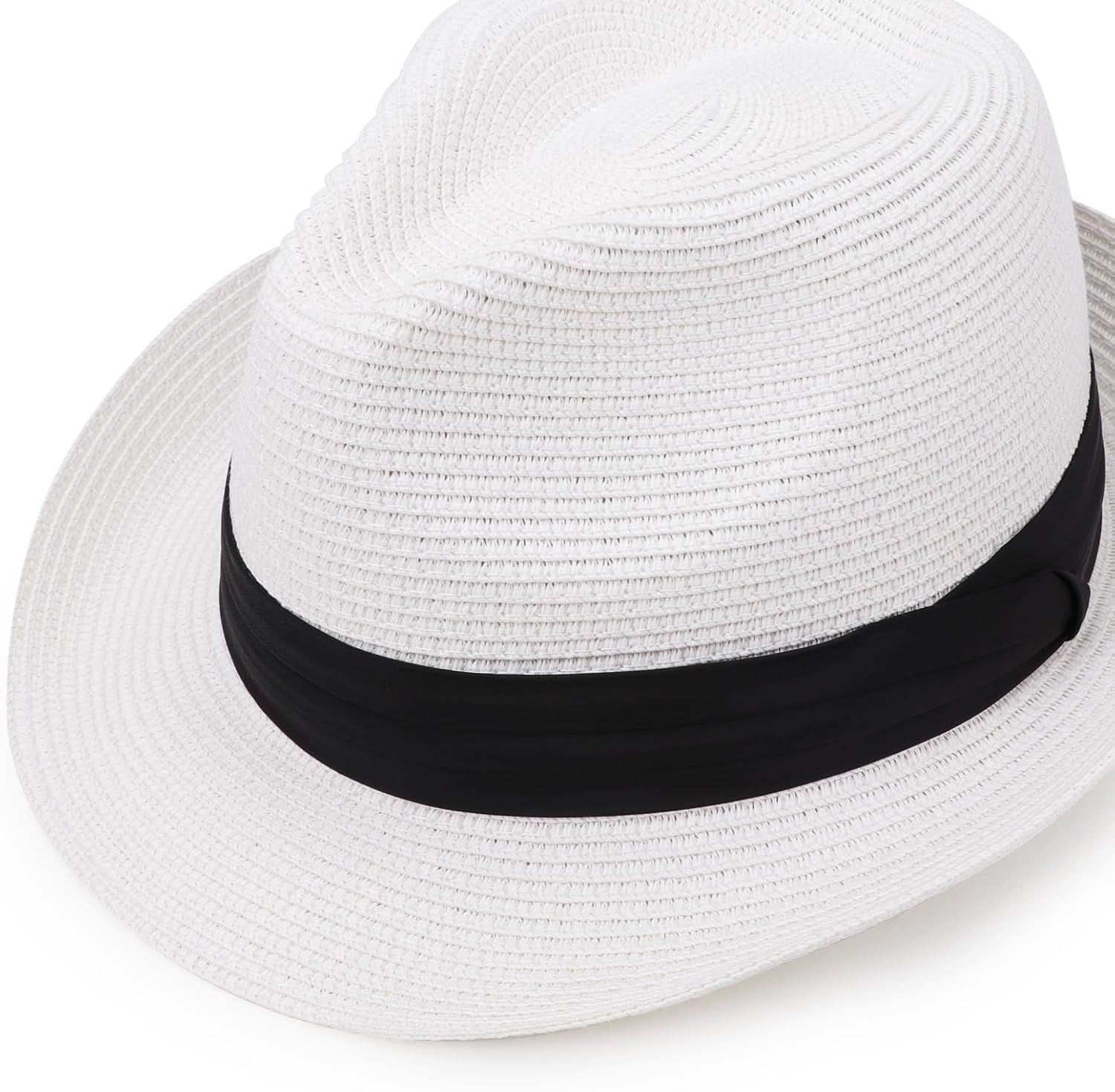 image:imageDRESHOW Women Straw Sun Hat Short Brim Panama Travel Fedora Summer Hat Roll Up Beach Cap for Women UPF 501 Pc Straw Hat White Black Ribbon