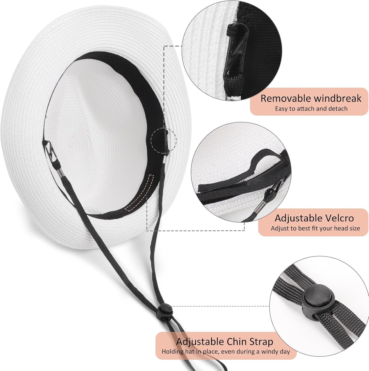 image:imageDRESHOW Women Straw Sun Hat Short Brim Panama Travel Fedora Summer Hat Roll Up Beach Cap for Women UPF 501 Pc Straw Hat White Black Ribbon