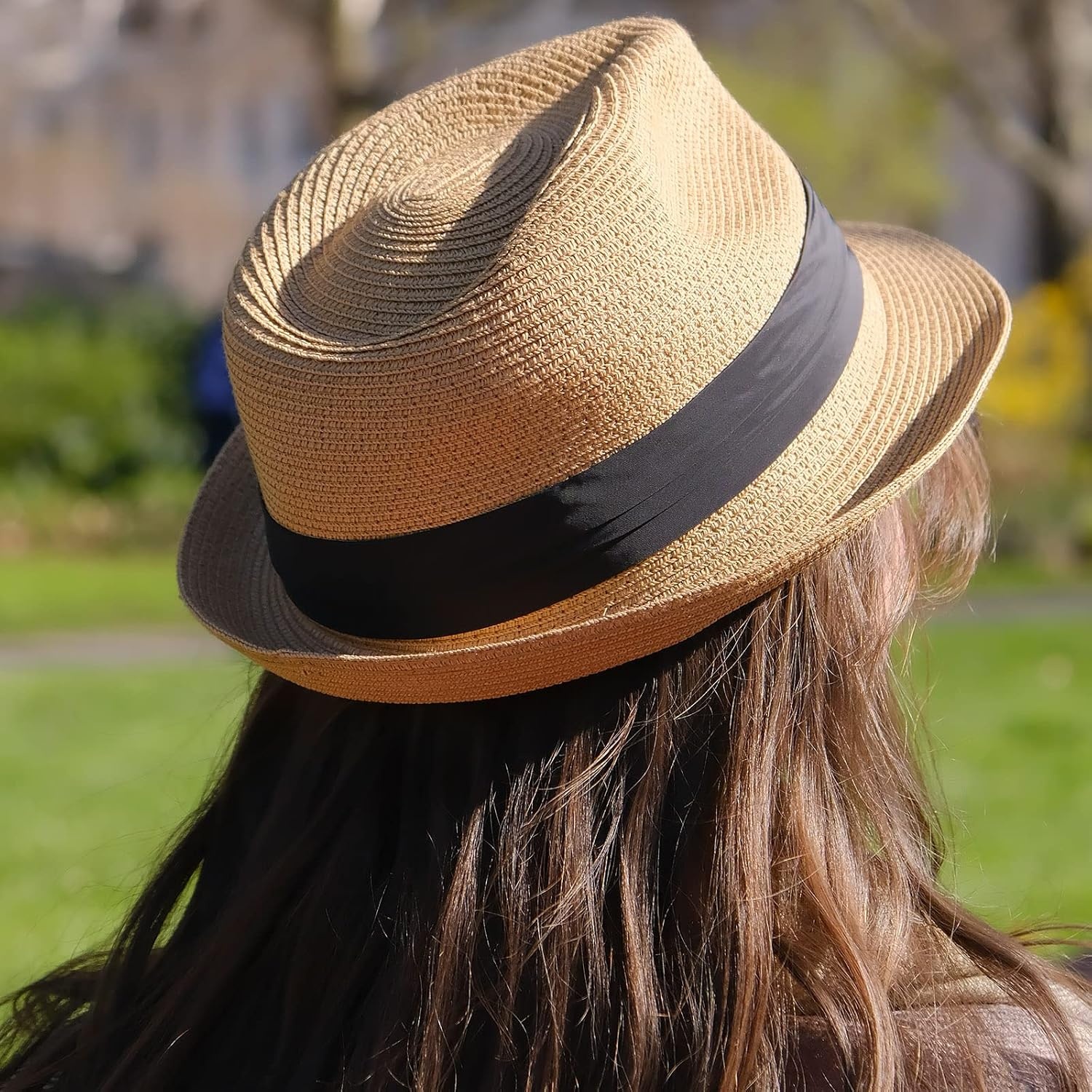 image:imageDRESHOW Women Straw Sun Hat Short Brim Panama Travel Fedora Summer Hat Roll Up Beach Cap for Women UPF 50Ab Khaki G