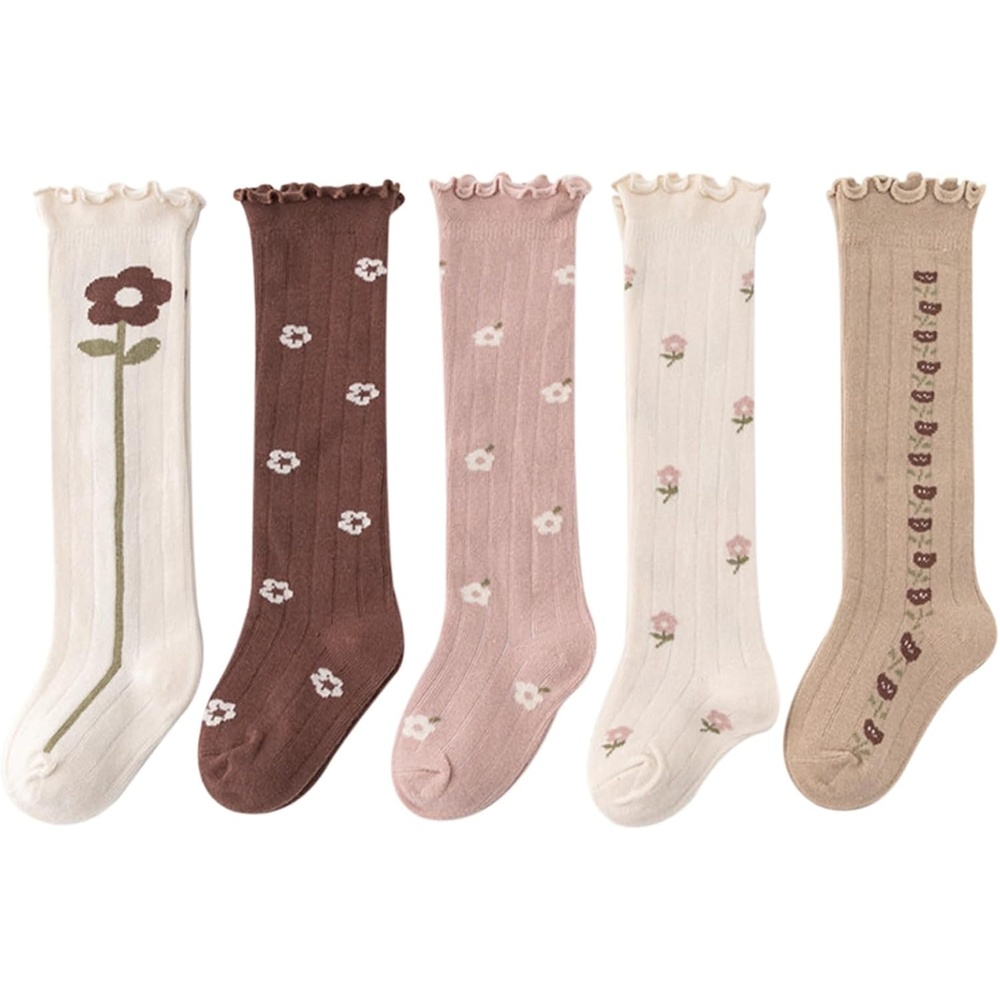 image:imageBQUBO Baby Knee High Sock Newborn Toddler Kids Girl Dress Socks Baby Knit Stocking Cotton Infant Bow Socks for 07 Years5 Pairs Floral Beige White Pink Coffee Khaki