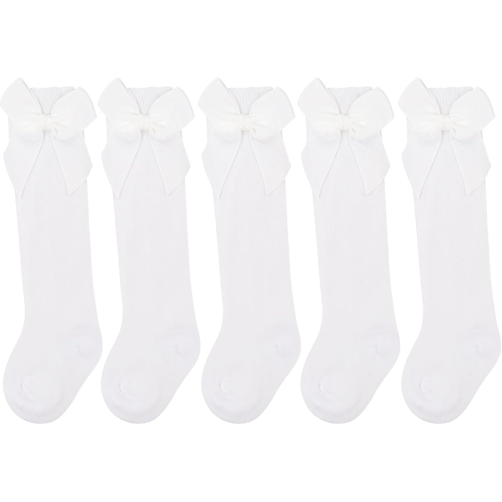 image:imageBQUBO Baby Knee High Sock Newborn Toddler Kids Girl Dress Socks Baby Knit Stocking Cotton Infant Bow Socks for 07 Years5 Pairs Plain White