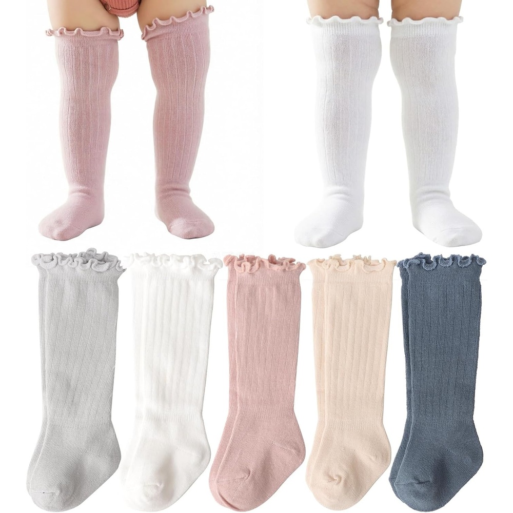 image:imageBQUBO Baby Knee High Sock Newborn Toddler Kids Girl Dress Socks Baby Knit Stocking Cotton Infant Bow Socks for 07 Years5 Pairs White Cream Bean Pink Light Grey Navy Blue