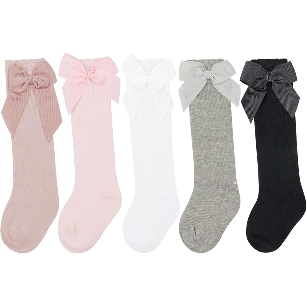 image:imageBQUBO Baby Knee High Sock Newborn Toddler Kids Girl Dress Socks Baby Knit Stocking Cotton Infant Bow Socks for 07 Years5 Pairs WhiteLight PinkGreyPinkBlack