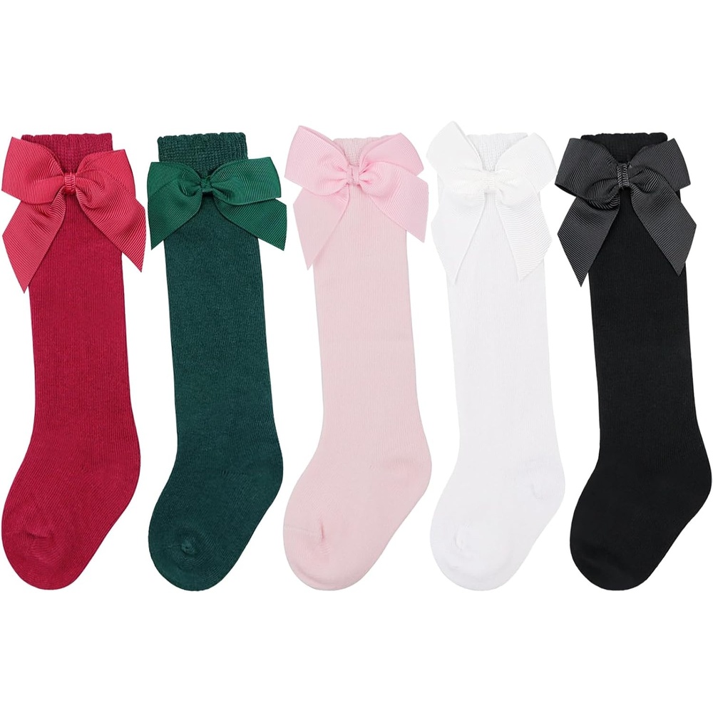 image:imageBQUBO Baby Knee High Sock Newborn Toddler Kids Girl Dress Socks Baby Knit Stocking Cotton Infant Bow Socks for 07 Years5 Pairs WhiteLight PinkRedGreenBlack