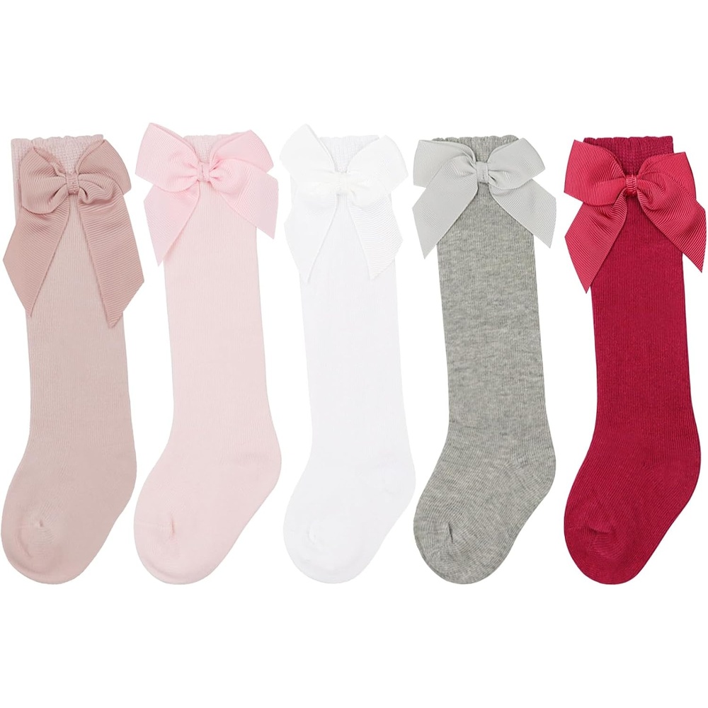 image:imageBQUBO Baby Knee High Sock Newborn Toddler Kids Girl Dress Socks Baby Knit Stocking Cotton Infant Bow Socks for 07 Years5 Pairs Wine Bean Pink White Light Grey Light Pink