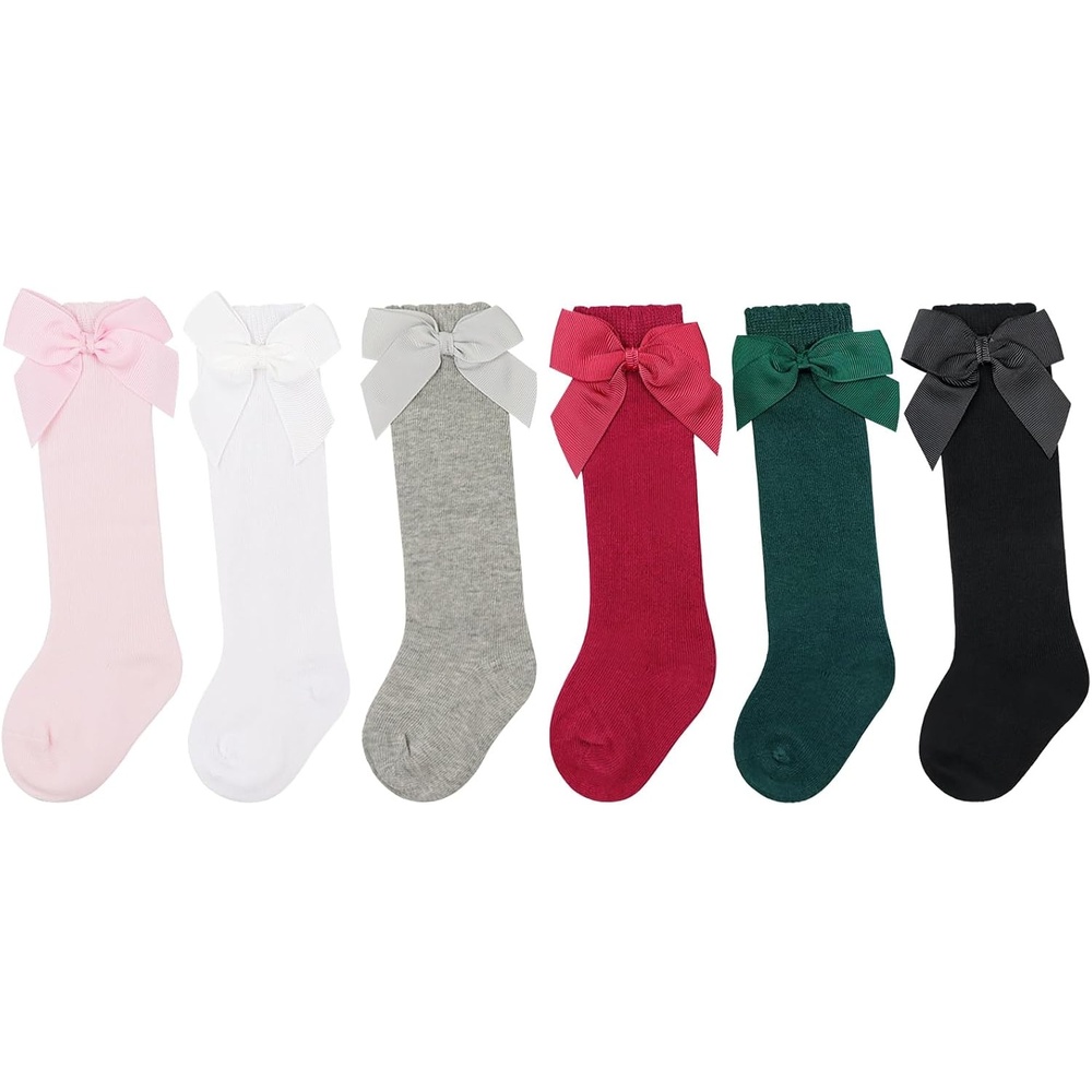 image:imageBQUBO Baby Knee High Sock Newborn Toddler Kids Girl Dress Socks Baby Knit Stocking Cotton Infant Bow Socks for 07 Years6 Pairs BlackGreyPinkGreenWhiteRed