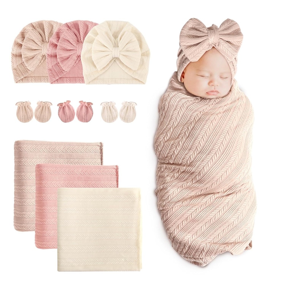 image:imageBQUBO Newborn Receiving Blankets Cotton Warm Sleepsack with Mittens amp Bow Hats Hospital Baby Swaddling Shower Gift3 Set Plain Bow Hat Mitten Blanket E