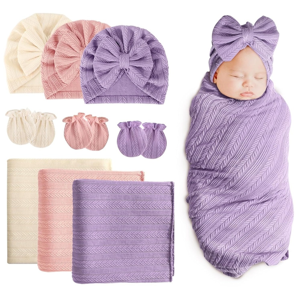 image:imageBQUBO Newborn Receiving Blankets Cotton Warm Sleepsack with Mittens amp Bow Hats Hospital Baby Swaddling Shower Gift3 Set Plain Bow Hat Mitten Blanket G