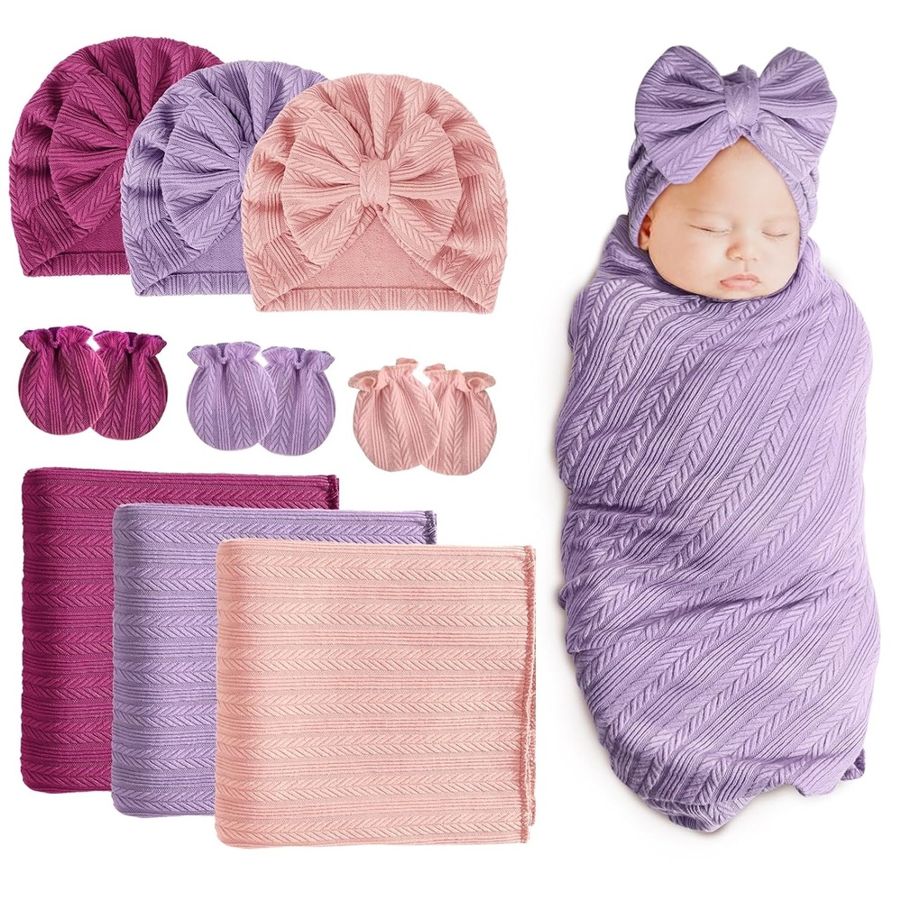 image:imageBQUBO Newborn Receiving Blankets Cotton Warm Sleepsack with Mittens amp Bow Hats Hospital Baby Swaddling Shower Gift3 Set Plain Bow Hat Mitten Blanket M