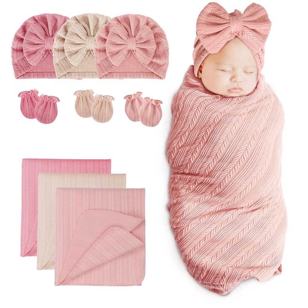 image:imageBQUBO Newborn Receiving Blankets Cotton Warm Sleepsack with Mittens amp Bow Hats Hospital Baby Swaddling Shower Gift3 Set Plain Bow Hat Mitten Blanket J