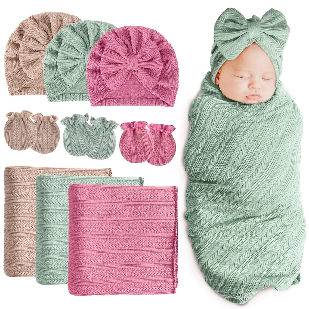 image:imageBQUBO Newborn Receiving Blankets Cotton Warm Sleepsack with Mittens amp Bow Hats Hospital Baby Swaddling Shower Gift3 Set Plain Bow Hat Mitten Blanket I
