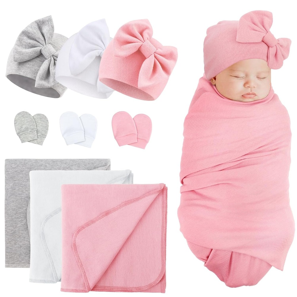 image:imageBQUBO Newborn Receiving Blankets Cotton Warm Sleepsack with Mittens amp Bow Hats Hospital Baby Swaddling Shower Gift3 Set Plain Hats Mittens Blankets