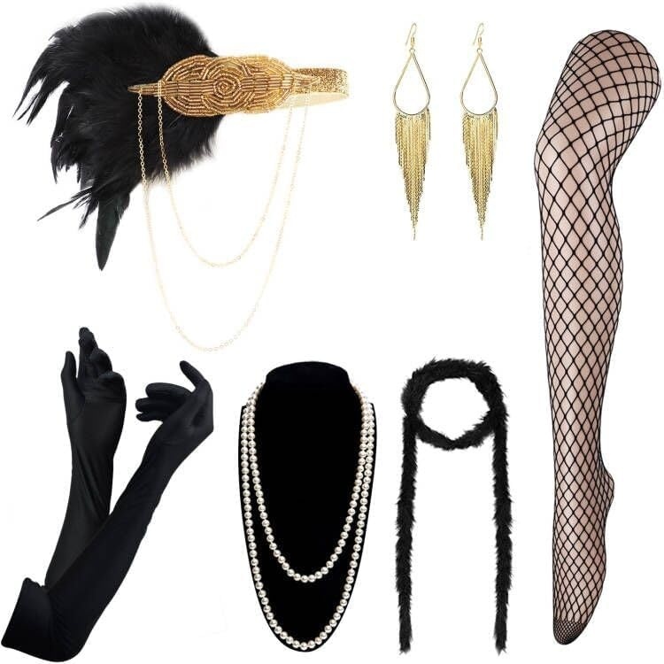image:imageDRESHOW 1920s Great Gatsby Accessories for Women Flapper Headpiece Headband Gloves Costume Harlem Nights Accessories Set1920s Gatsby Black Gold Chain Fringe Set