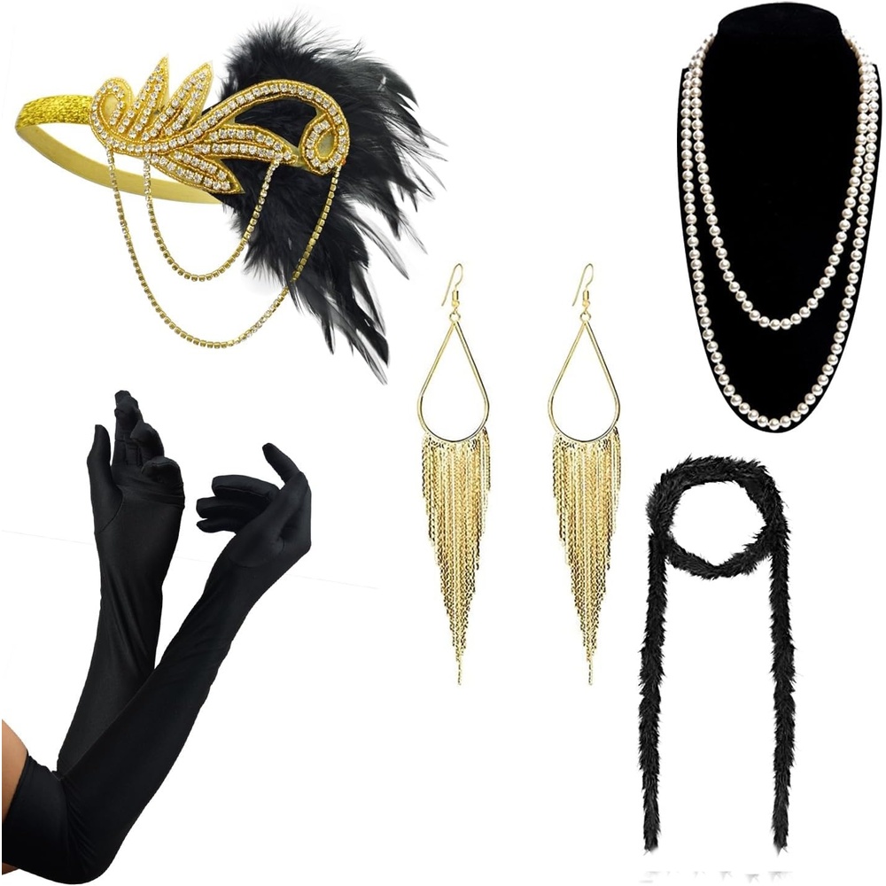 image:imageDRESHOW 1920s Great Gatsby Accessories for Women Flapper Headpiece Headband Gloves Costume Harlem Nights Accessories Set1920s Gatsby Black Gold Fringe Earrings Set