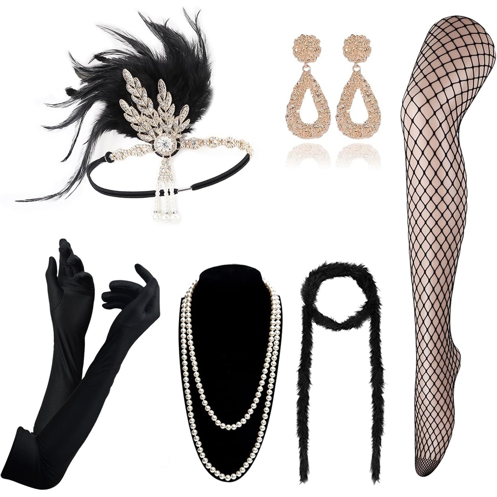 image:imageDRESHOW 1920s Great Gatsby Accessories for Women Flapper Headpiece Headband Gloves Costume Harlem Nights Accessories Set1920s Gatsby Black Gold Leaf Champagne Set