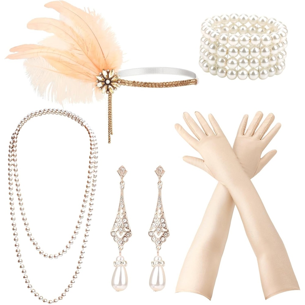 image:imageDRESHOW 1920s Great Gatsby Accessories for Women Flapper Headpiece Headband Gloves Costume Harlem Nights Accessories Set1920s Gatsby Champagne Gold Silver Pearl Set