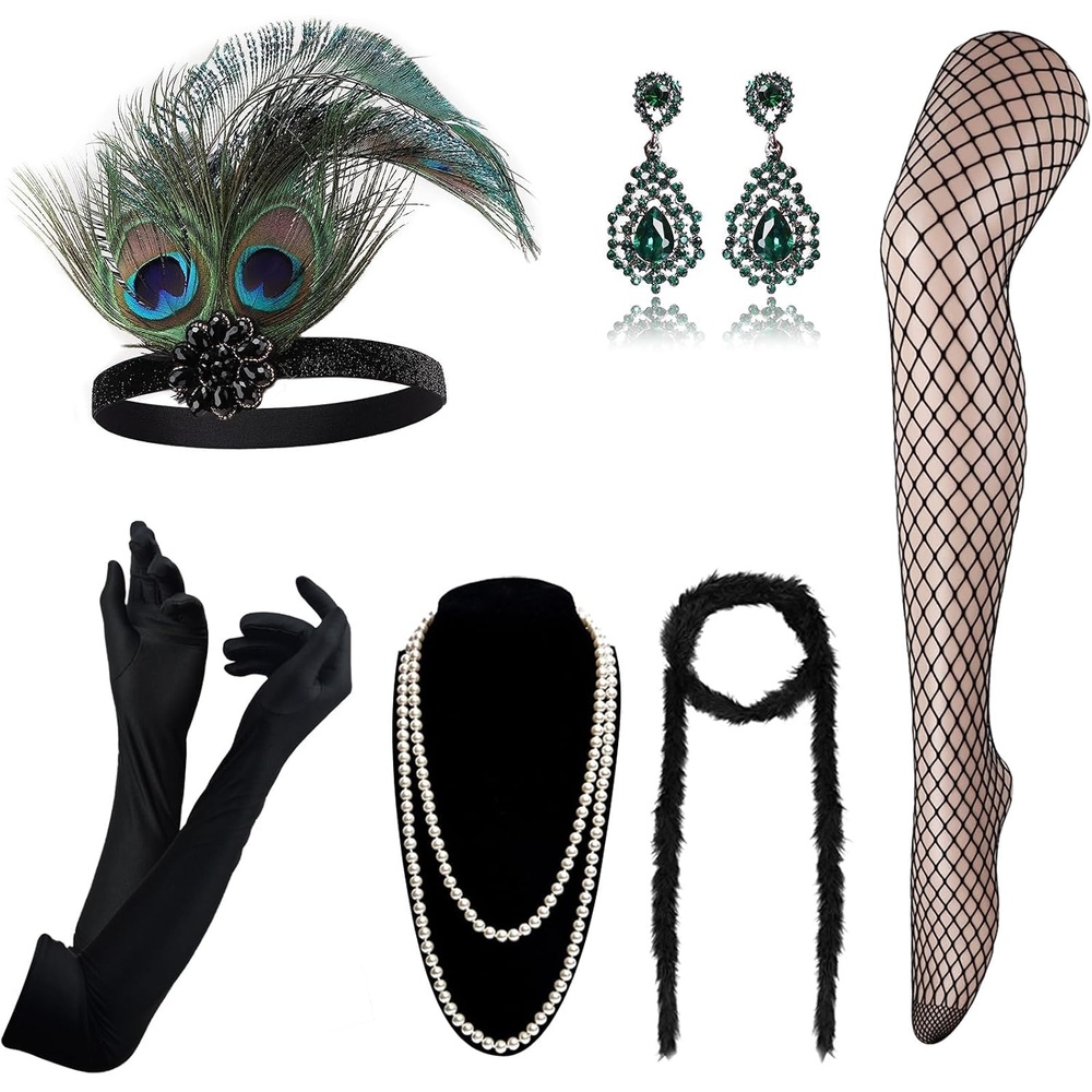 image:imageDRESHOW 1920s Great Gatsby Accessories for Women Flapper Headpiece Headband Gloves Costume Harlem Nights Accessories Set1920s Gatsby Peacock Feather Emerald Set