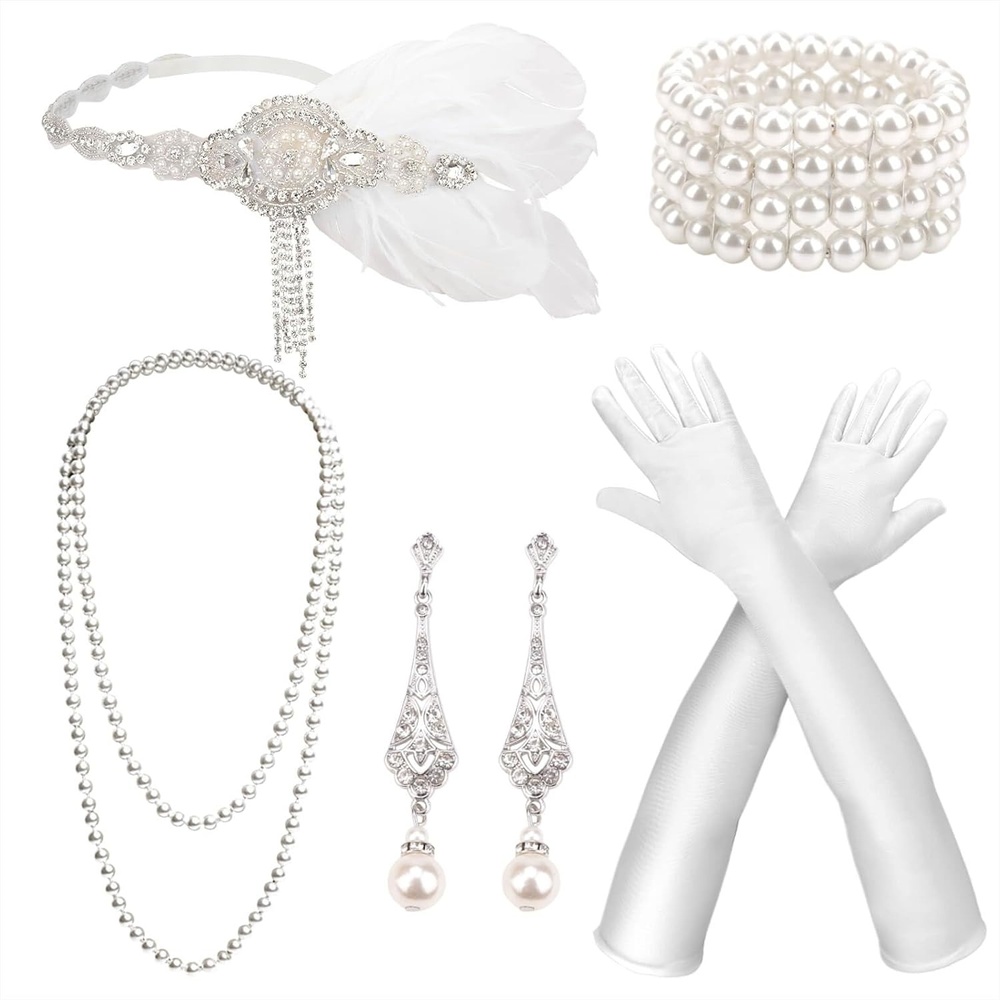 image:imageDRESHOW 1920s Great Gatsby Accessories for Women Flapper Headpiece Headband Gloves Costume Harlem Nights Accessories Set5 Pcs Set White Silver