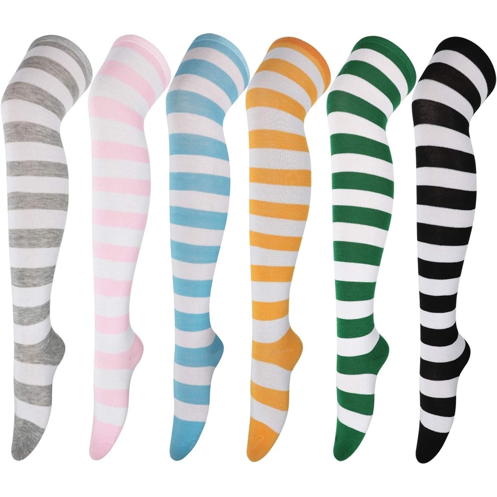 image:imageDRESHOW 6 Pairs High Thigh Socks Striped Over Knee Thin Tights Long Stocking for Women Leg Warmer6 Pairs Black Blue Pink Orange Gray Green a