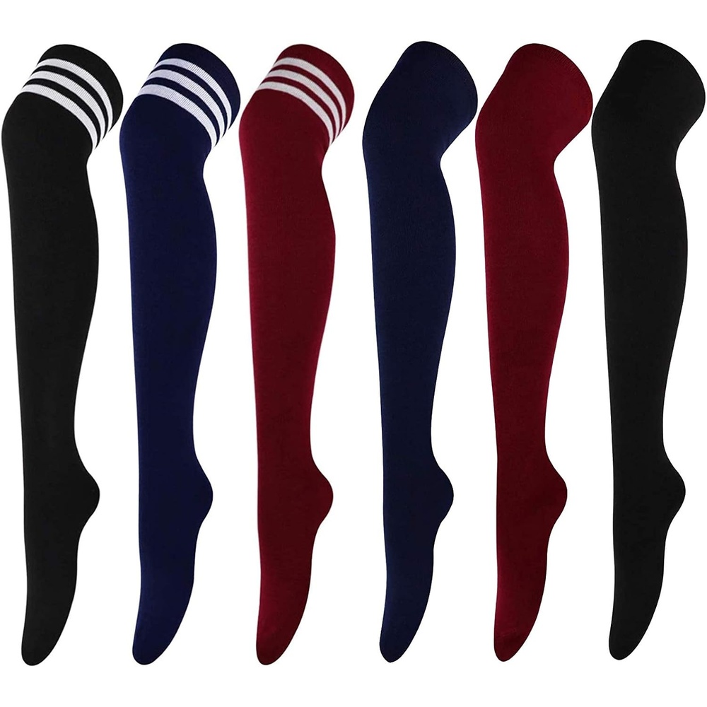 image:imageDRESHOW 6 Pairs High Thigh Socks Striped Over Knee Thin Tights Long Stocking for Women Leg Warmer6 Pairs Black Navy Burgundy Striped Solid