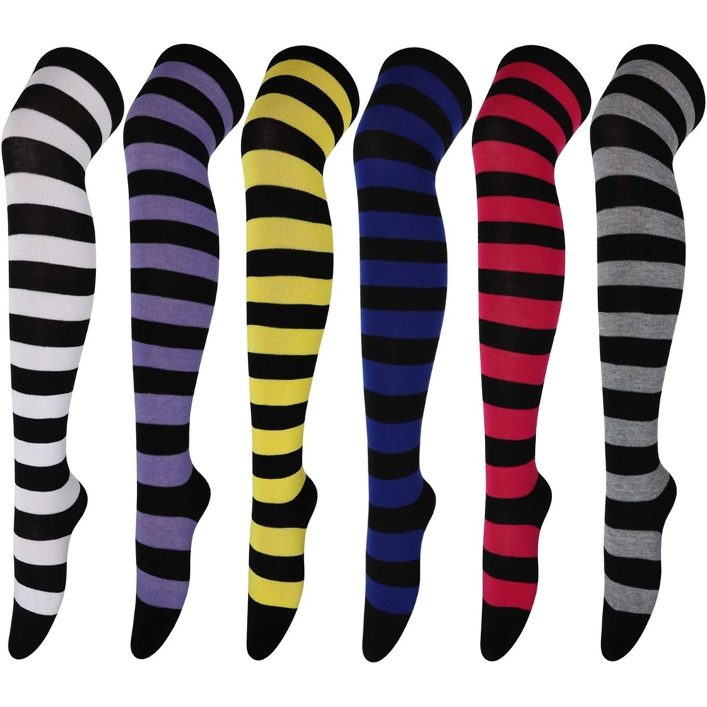 image:imageDRESHOW 6 Pairs High Thigh Socks Striped Over Knee Thin Tights Long Stocking for Women Leg Warmer6 Pairs Black Purple Yellow Navy Red Gray