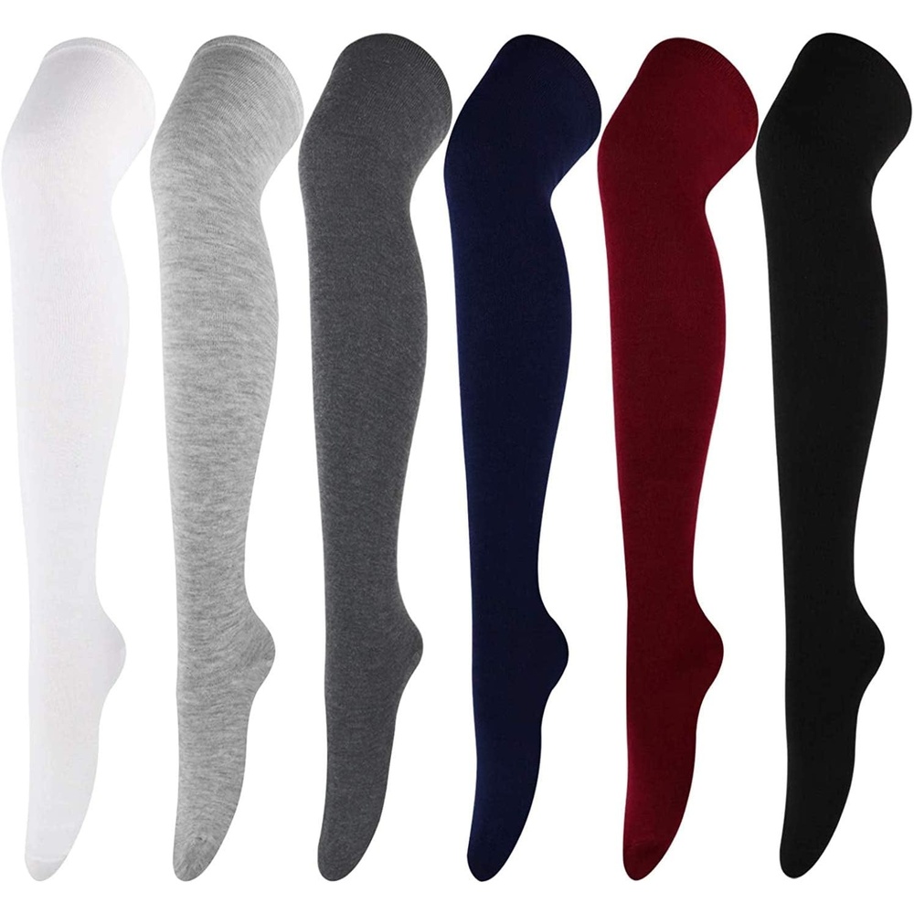 image:imageDRESHOW 6 Pairs High Thigh Socks Striped Over Knee Thin Tights Long Stocking for Women Leg Warmer6 Pairs Black Red Navy Light Gray Gray White