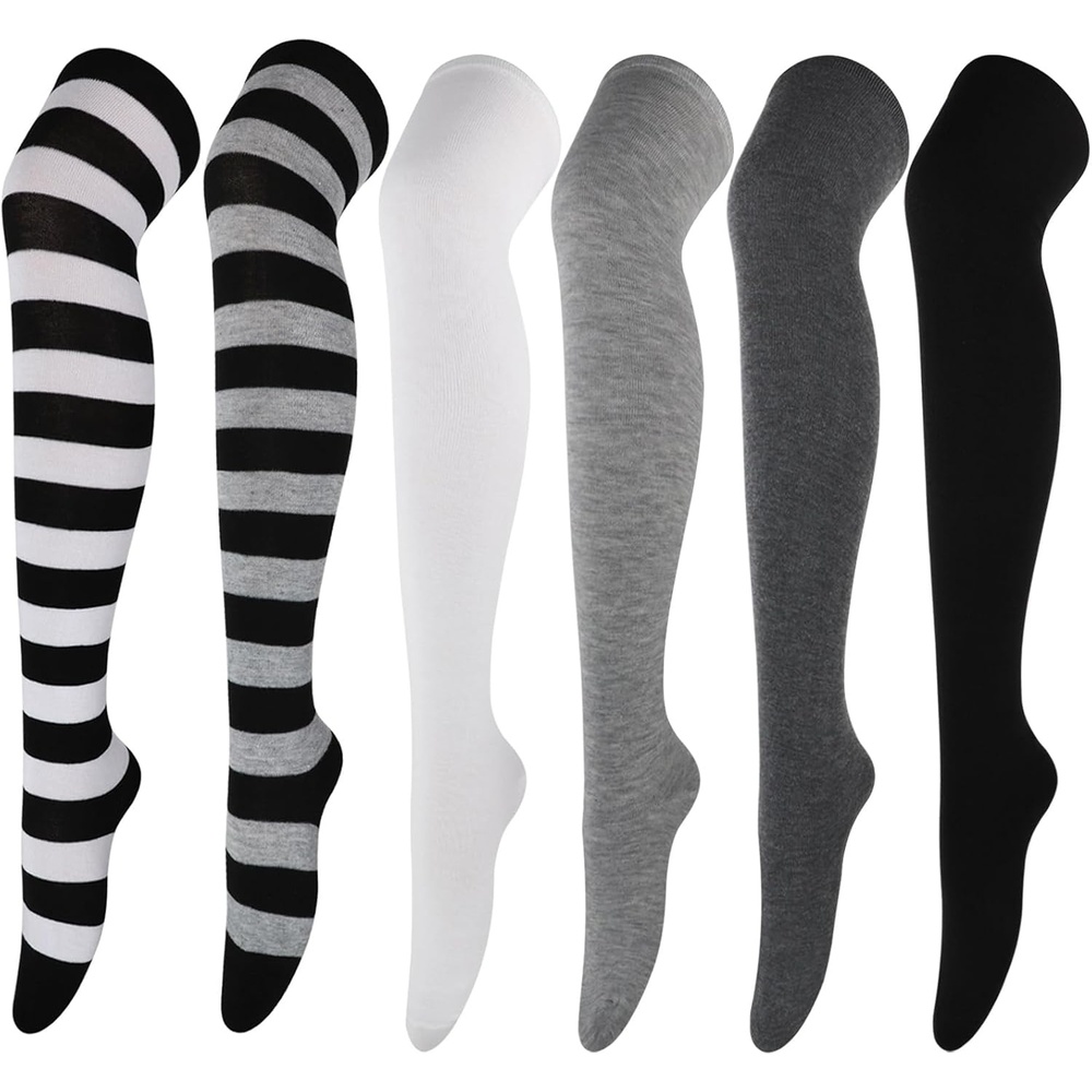 image:imageDRESHOW 6 Pairs High Thigh Socks Striped Over Knee Thin Tights Long Stocking for Women Leg Warmer6 Pairs Black White Black Grey White Light Grey Dark Grey Black