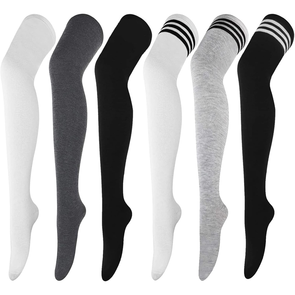 image:imageDRESHOW 6 Pairs High Thigh Socks Striped Over Knee Thin Tights Long Stocking for Women Leg Warmer6 Pairs Extra Long Black White Gray Light Gray