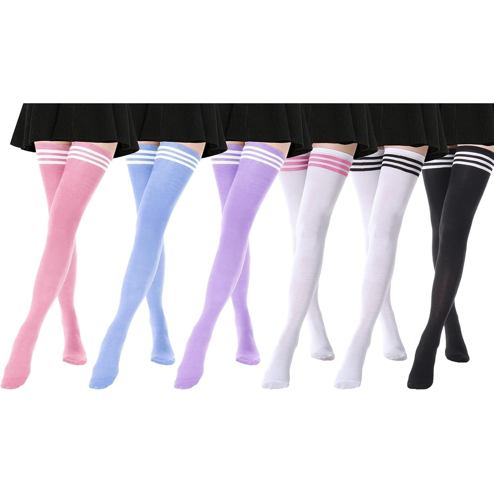image:imageDRESHOW 6 Pairs High Thigh Socks Striped Over Knee Thin Tights Long Stocking for Women Leg Warmer6 Pairs Extra Long Light Purple Pale Lake Blue Pink WhitepinkBlack Black