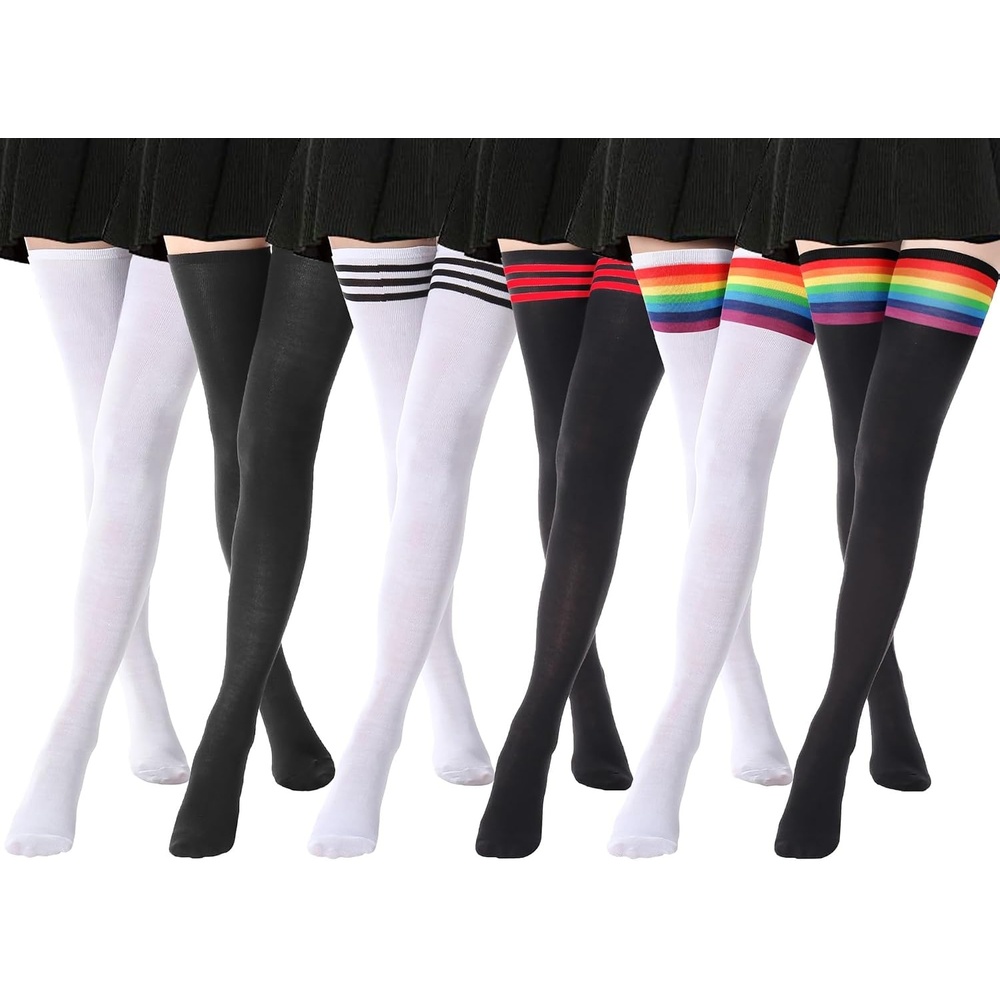 image:imageDRESHOW 6 Pairs High Thigh Socks Striped Over Knee Thin Tights Long Stocking for Women Leg Warmer6 Pairs Extra Long Whiteblack  Whiterainbow  Blackred  Blackrainbow  White  Black