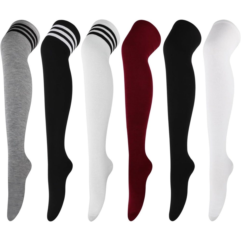 image:imageDRESHOW 6 Pairs High Thigh Socks Striped Over Knee Thin Tights Long Stocking for Women Leg Warmer6 Pairs Gray  Black  White  Wine Red a