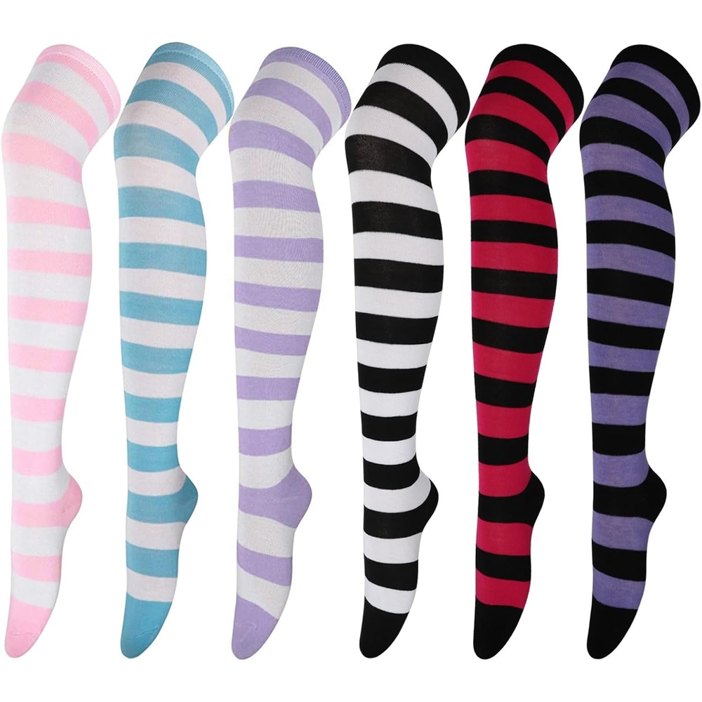 image:imageDRESHOW 6 Pairs High Thigh Socks Striped Over Knee Thin Tights Long Stocking for Women Leg Warmer6 Pairs High Thigh Pink  Blue  Purple  White  Red  Purple
