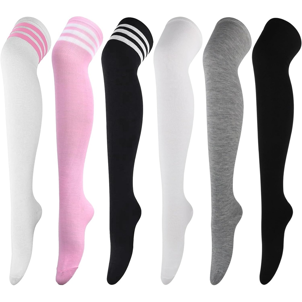 image:imageDRESHOW 6 Pairs High Thigh Socks Striped Over Knee Thin Tights Long Stocking for Women Leg Warmer6 Pairs High Thigh Striped White Pink Black Solid White Grey Black
