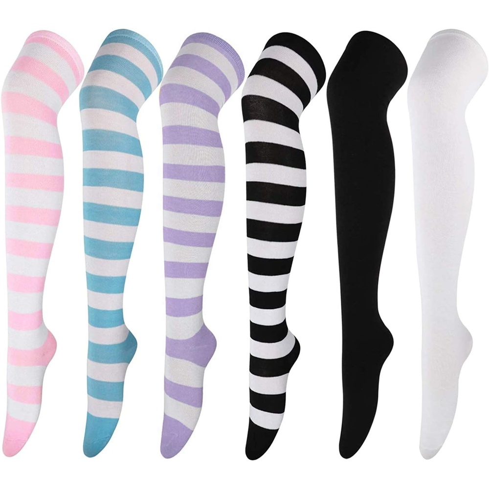 image:imageDRESHOW 6 Pairs High Thigh Socks Striped Over Knee Thin Tights Long Stocking for Women Leg Warmer6 Pairs Pink Blue Purple Black Stripe White Black