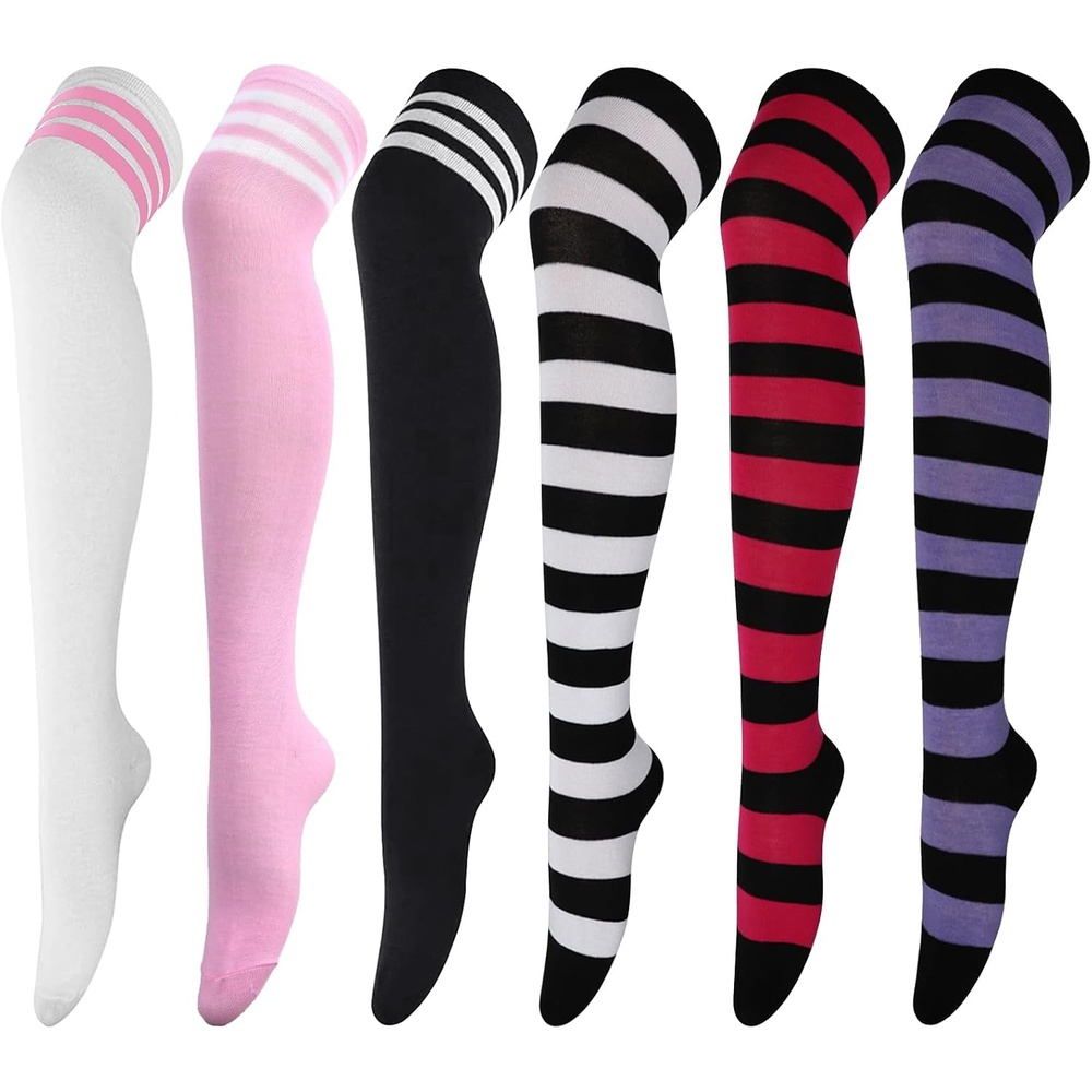 image:imageDRESHOW 6 Pairs High Thigh Socks Striped Over Knee Thin Tights Long Stocking for Women Leg Warmer6 Pairs Striped High Thigh White Pink Black Blackwhite Red Purple