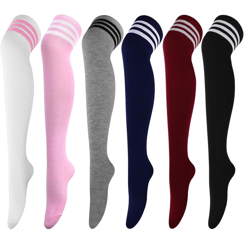 image:imageDRESHOW 6 Pairs High Thigh Socks Striped Over Knee Thin Tights Long Stocking for Women Leg Warmer6 Pairs Striped High Thigh White  Pink  Black  Grey  Burgundy  Navy Blue