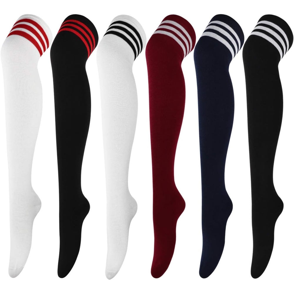 image:imageDRESHOW 6 Pairs High Thigh Socks Striped Over Knee Thin Tights Long Stocking for Women Leg Warmer6 Pairs White Black Navy Wine Red
