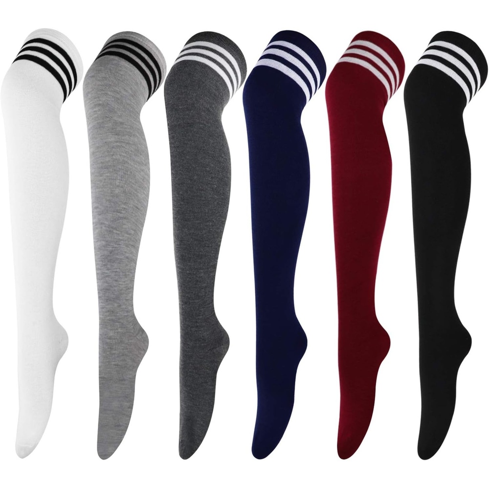 image:imageDRESHOW 6 Pairs High Thigh Socks Striped Over Knee Thin Tights Long Stocking for Women Leg Warmer6 Pairs Wine Red Navy Black White Light Gray Gray
