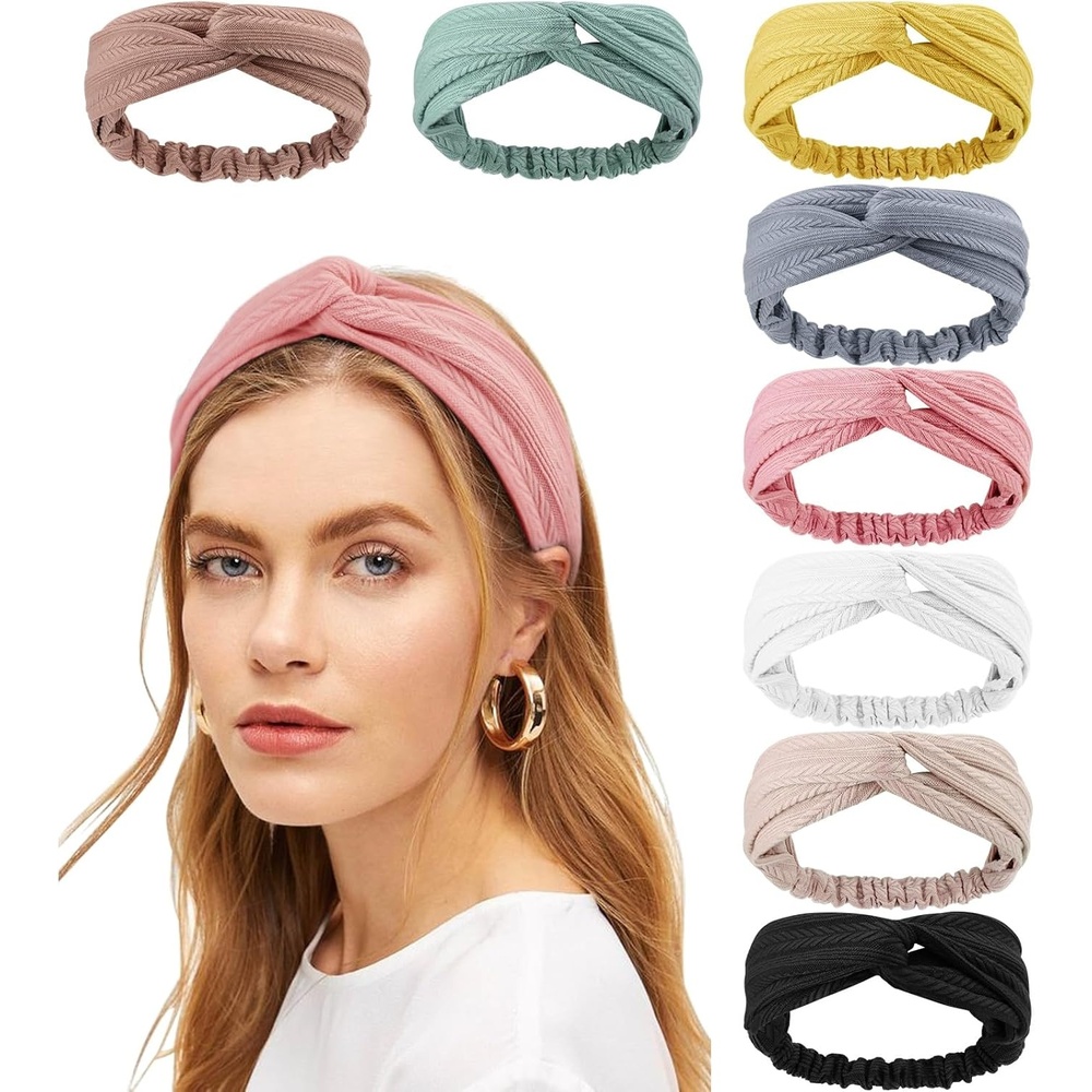 image:imageDRESHOW 8 Pack Headbands for Women Yoga Knotted Headbands Elastic Criss Cross Hair Accessories Sports Head Wrap Non Slip8 Pack Pleated Style Wheat Fringe Pattern