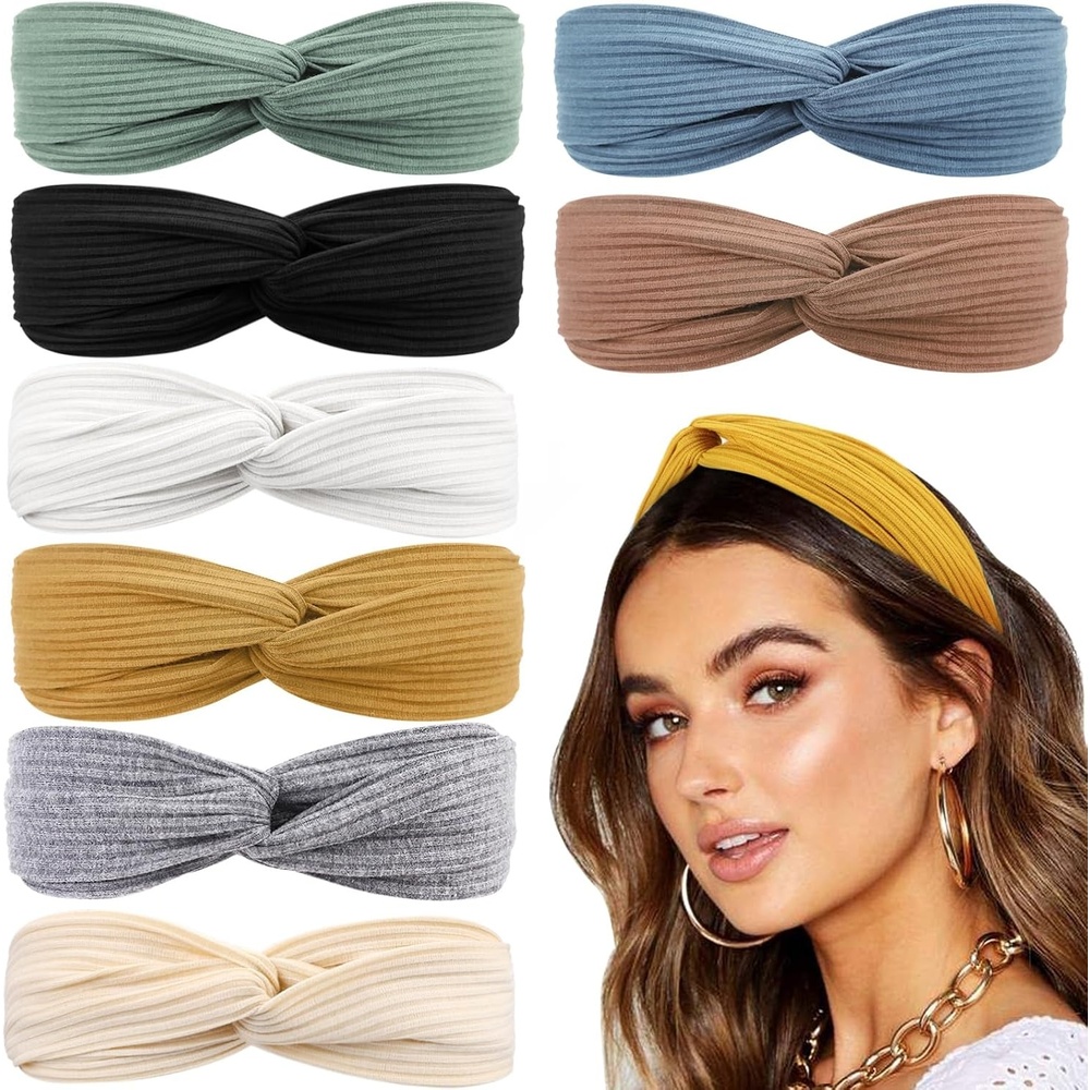 image:imageDRESHOW 8 Pack Headbands for Women Yoga Knotted Headbands Elastic Criss Cross Hair Accessories Sports Head Wrap Non SlipRibbed Neutral Essential Tones