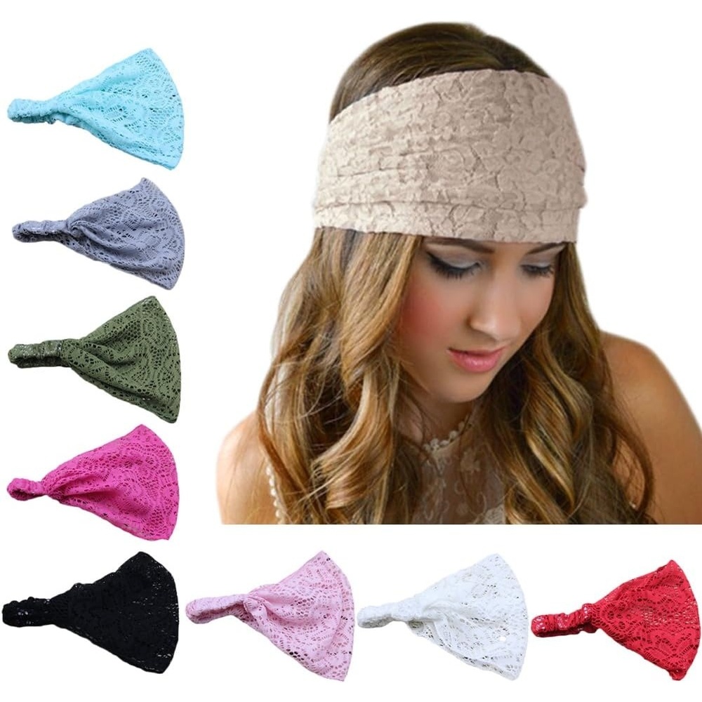 image:imageDRESHOW 8 Pack Headbands for Women Yoga Knotted Headbands Elastic Criss Cross Hair Accessories Sports Head Wrap Non SlipU8 Pack Lace Wide Headband a