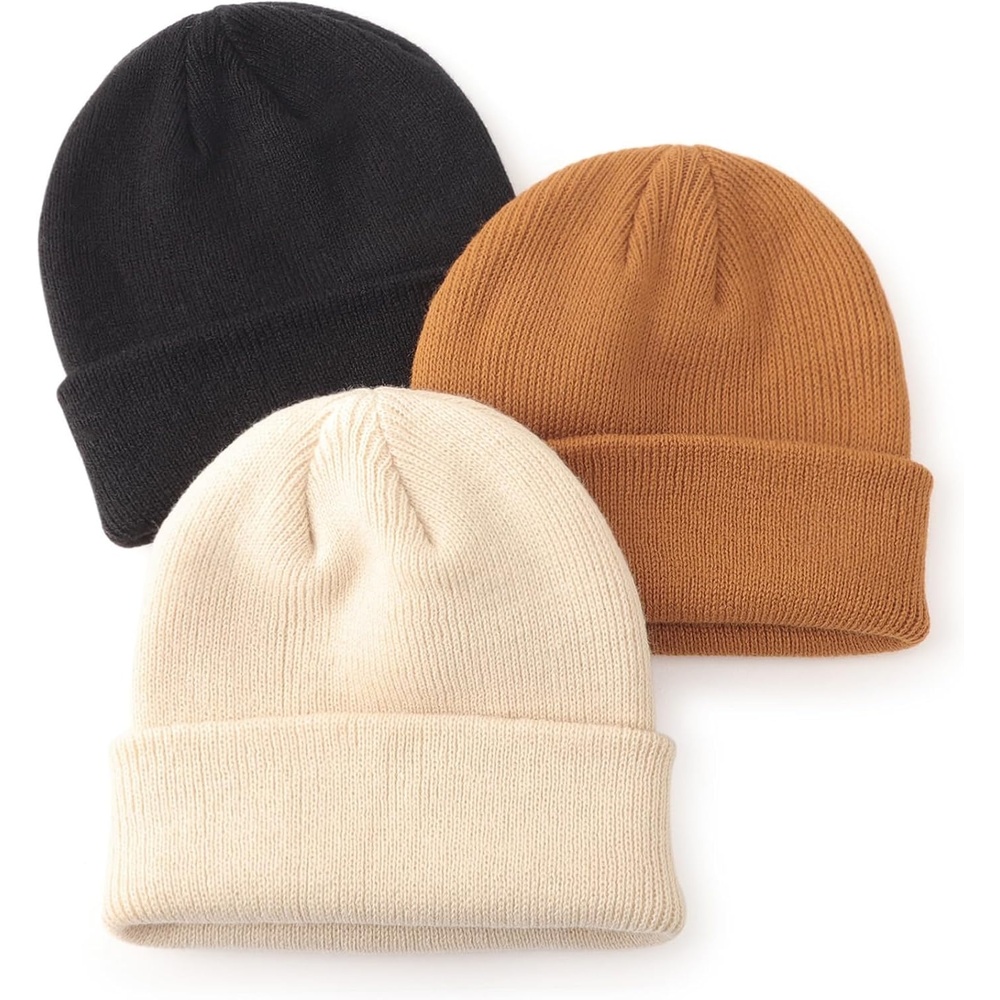 image:imageDRESHOW BQUBO 3 Pack Baby Beanies Toddler Kids Winter Hats Soft Knit Hat for Baby Boys Girls Warm Cap Beanies3 Pack Knit Cap Beige Caramel Black