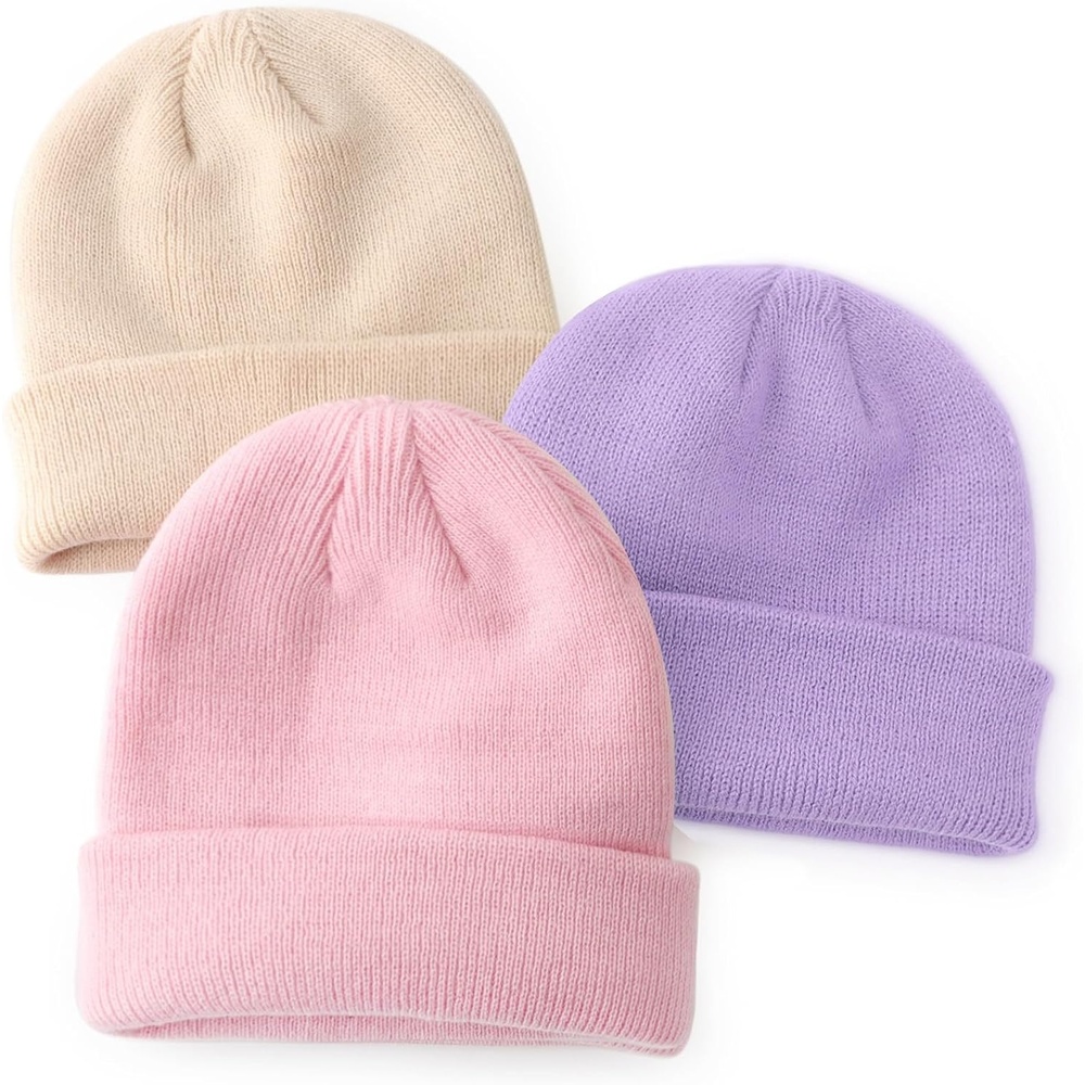 image:imageDRESHOW BQUBO 3 Pack Baby Beanies Toddler Kids Winter Hats Soft Knit Hat for Baby Boys Girls Warm Cap Beanies3 Pack Knit Cap Beige Pink Light Purple