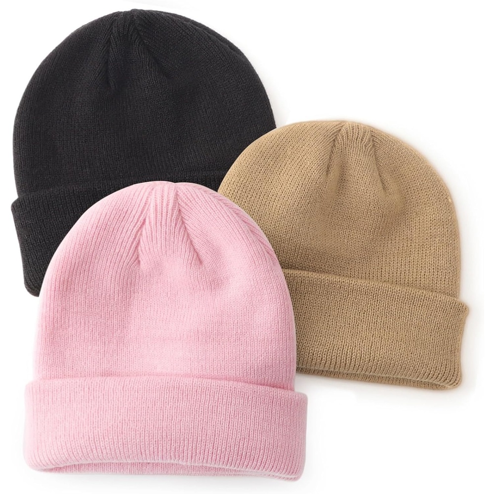 image:imageDRESHOW BQUBO 3 Pack Baby Beanies Toddler Kids Winter Hats Soft Knit Hat for Baby Boys Girls Warm Cap Beanies3 Pack Knit Cap Pink Khaki Black