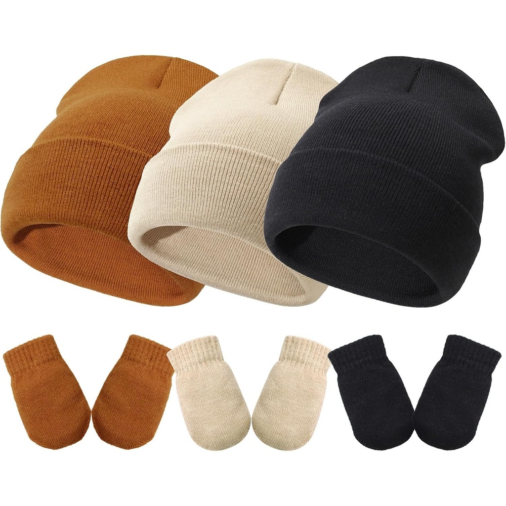 image:imageDRESHOW BQUBO 3 Pack Baby Beanies Toddler Kids Winter Hats Soft Knit Hat for Baby Boys Girls Warm Cap Beanies3 Sets Knit Hat Mittens Beige Caramel Black